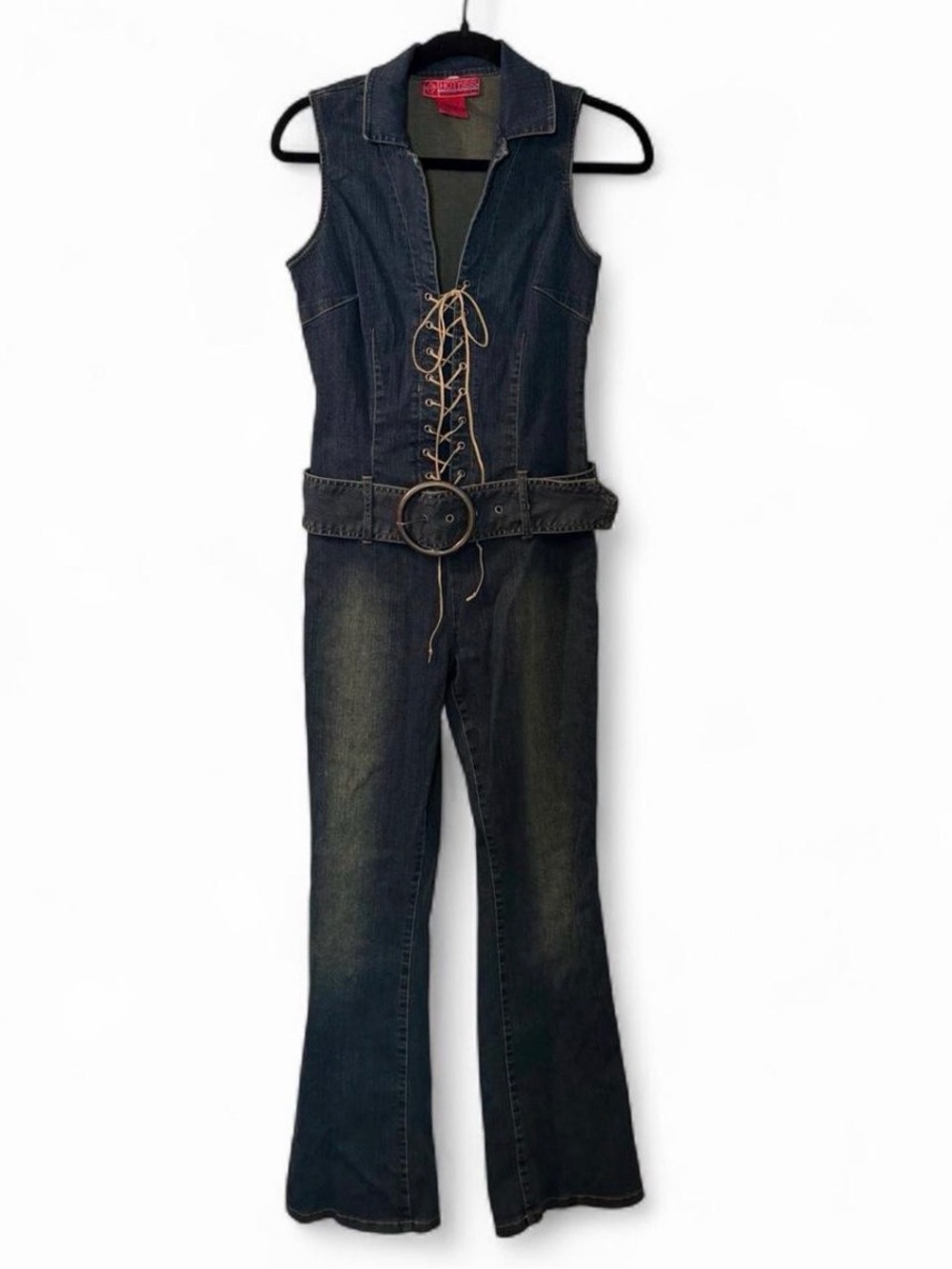 VTG Y2K Hot Kiss Blue Denim Lace-Up One-Piece Jumpsuit with Belt Size M